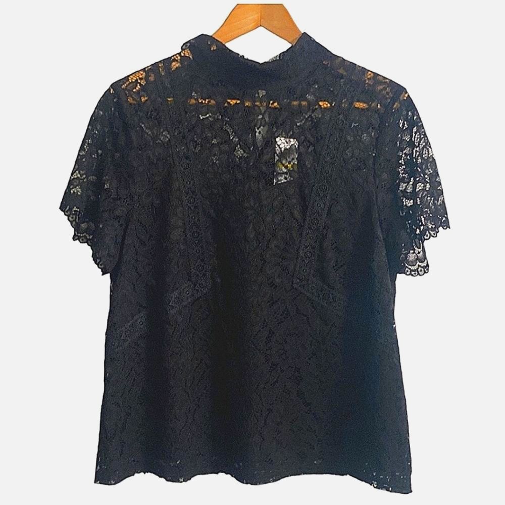 NWT Laundry by Shelli Segal Black Lace Collared Lined Top Women Size M